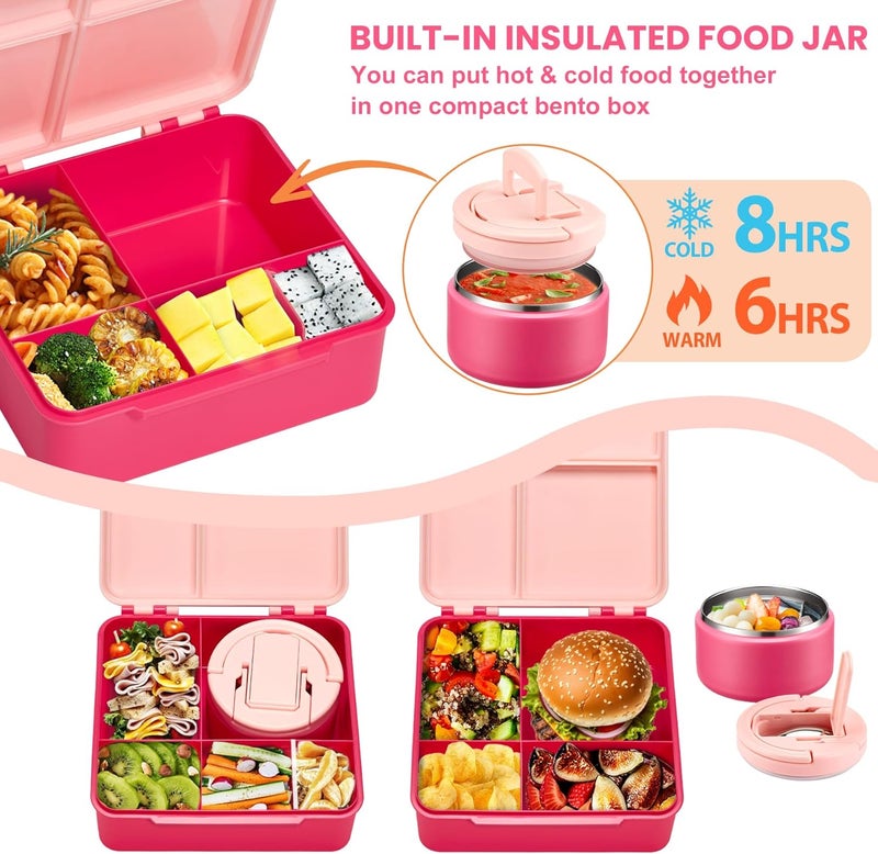 Howeemo Bento Lunch Box for Kids with 8oz Soup Thermo,Kids Leakproof Lunch Food Containers with 4 Compartment,Kid Insulated Thermo Hot Food Jar for School,Trvael-Pink - Image 5